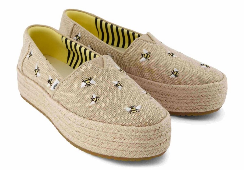 Dámské Espadrilky Toms Valencia Embroidered Bees Platformy Béžový | 0782FYDIB